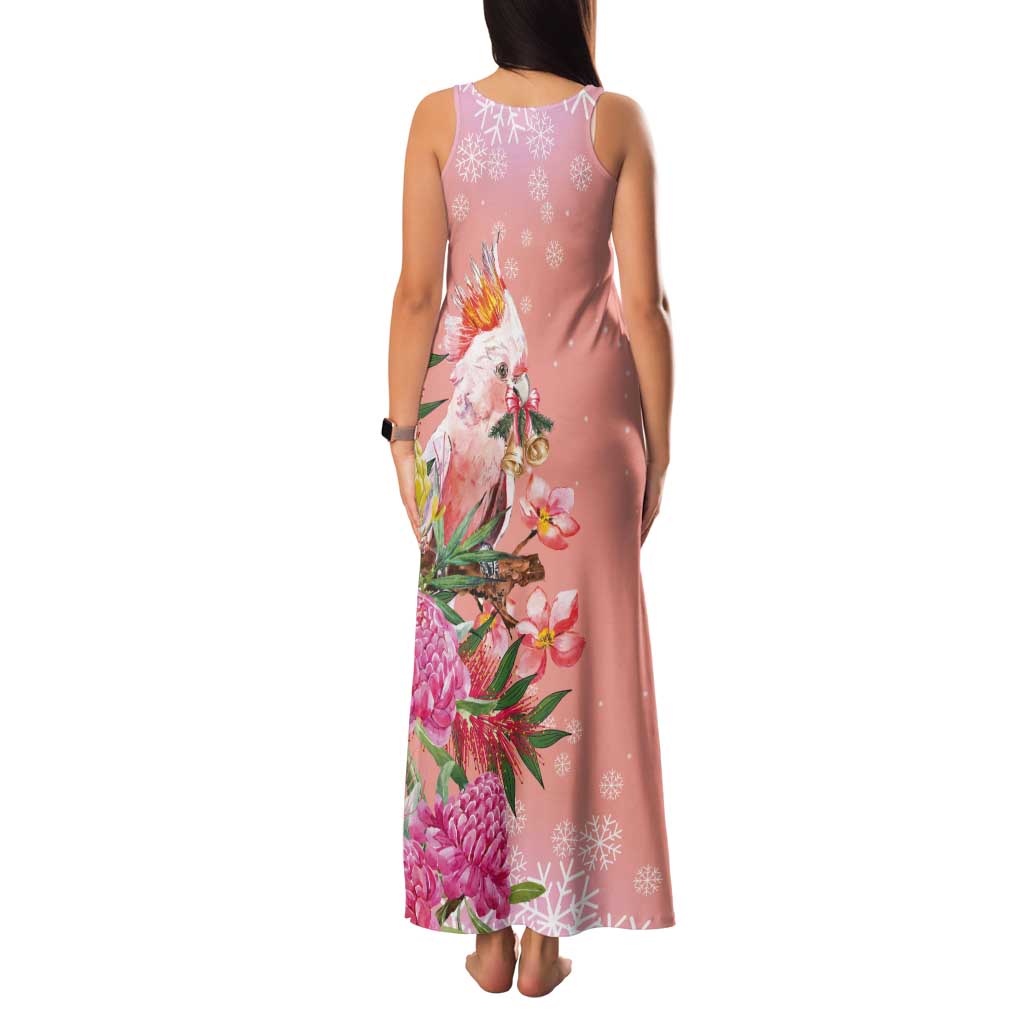 Australia Christmas Pink Cockatoo with Banksia Tank Maxi Dress Coral Pink - Aussie Hoodie