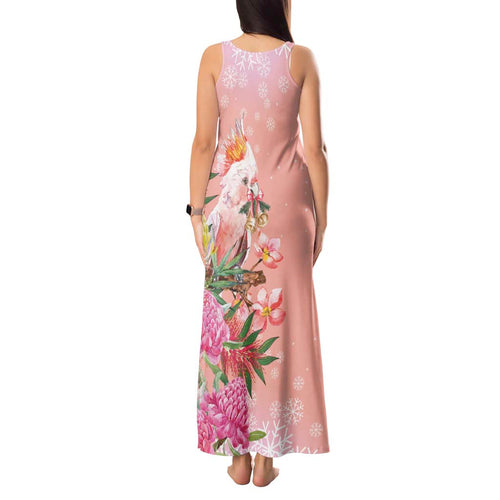 Australia Christmas Pink Cockatoo with Banksia Tank Maxi Dress Coral Pink - Aussie Hoodie