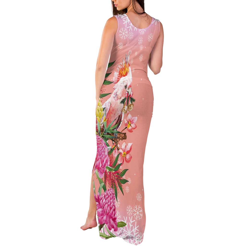 Australia Christmas Pink Cockatoo with Banksia Tank Maxi Dress Coral Pink - Aussie Hoodie