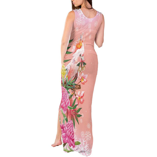 Australia Christmas Pink Cockatoo with Banksia Tank Maxi Dress Coral Pink - Aussie Hoodie