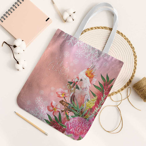 Australia Christmas Pink Cockatoo with Banksia Tote Bag Coral Pink - Aussie Hoodie