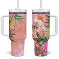 Australia Christmas Pink Cockatoo with Banksia Tumbler With Handle Coral Pink - Aussie Hoodie