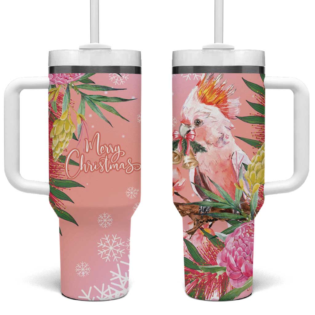 Australia Christmas Pink Cockatoo with Banksia Tumbler With Handle Coral Pink - Aussie Hoodie