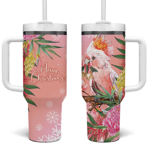 Australia Christmas Pink Cockatoo with Banksia Tumbler With Handle Coral Pink - Aussie Hoodie