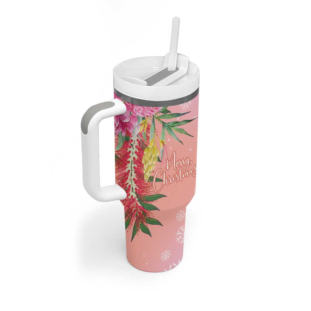 Australia Christmas Pink Cockatoo with Banksia Tumbler With Handle Coral Pink - Aussie Hoodie