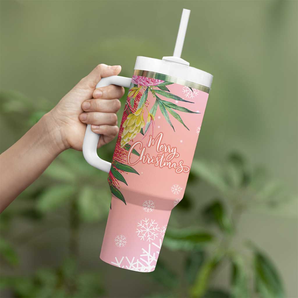 Australia Christmas Pink Cockatoo with Banksia Tumbler With Handle Coral Pink - Aussie Hoodie