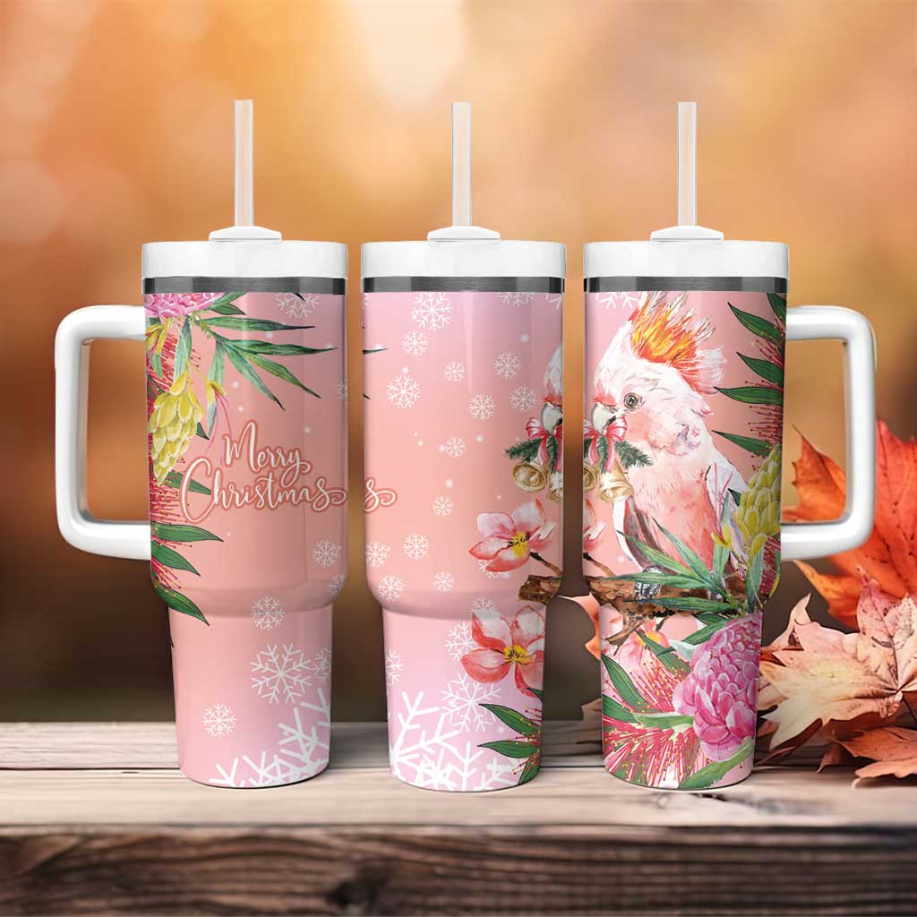 Australia Christmas Pink Cockatoo with Banksia Tumbler With Handle Coral Pink - Aussie Hoodie