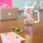 Australia Christmas Pink Cockatoo with Banksia Tumbler With Handle Coral Pink - Aussie Hoodie