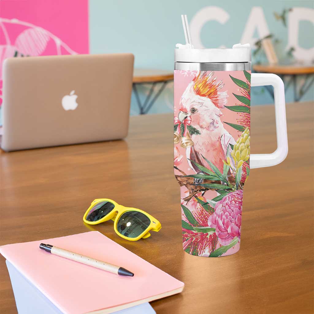 Australia Christmas Pink Cockatoo with Banksia Tumbler With Handle Coral Pink - Aussie Hoodie