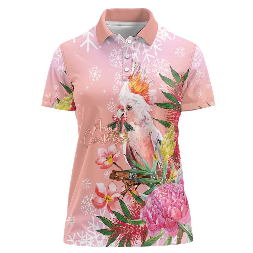Australia Christmas Pink Cockatoo with Banksia Women Polo Shirt Coral Pink - Aussie Hoodie