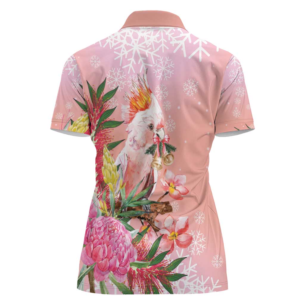 Australia Christmas Pink Cockatoo with Banksia Women Polo Shirt Coral Pink - Aussie Hoodie