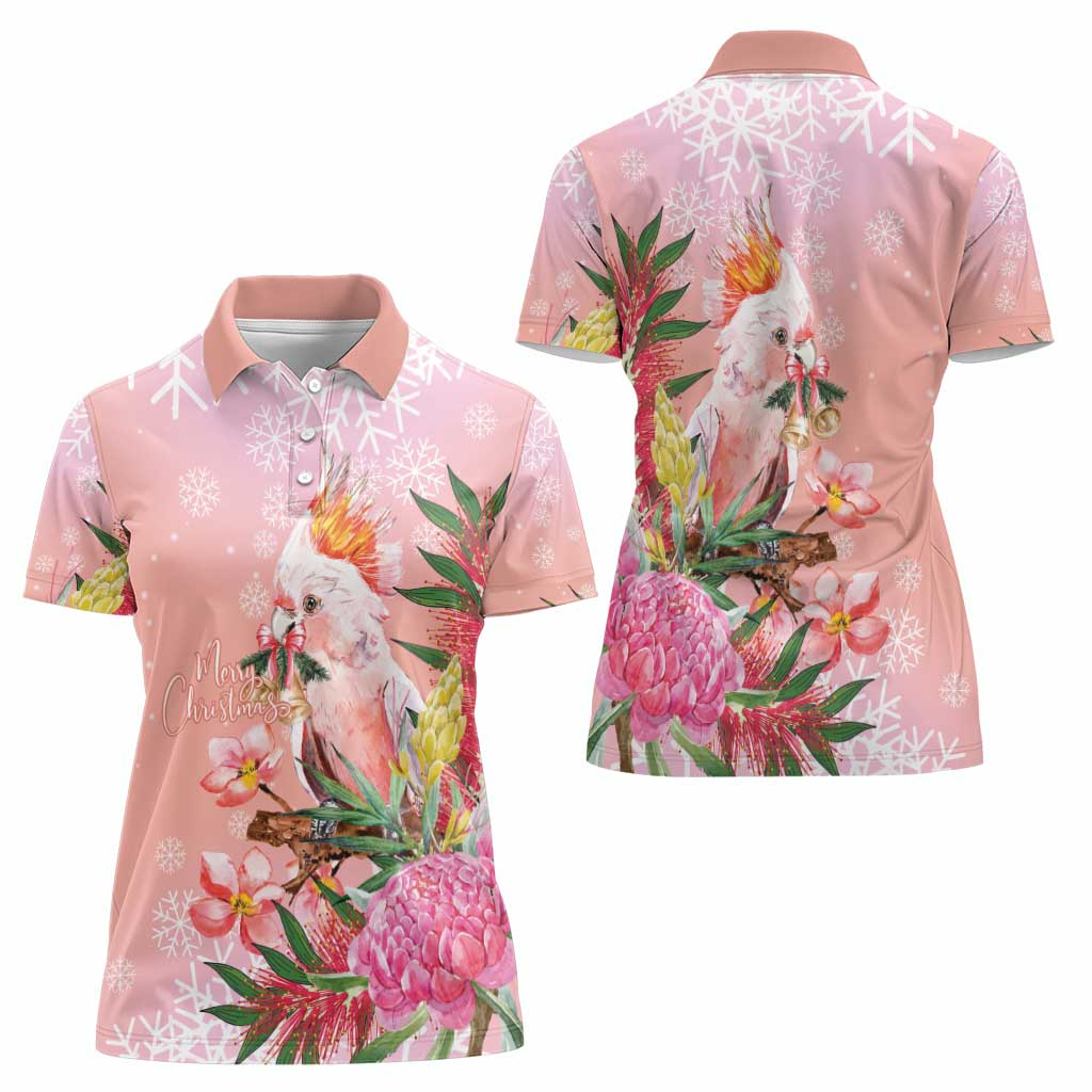 Australia Christmas Pink Cockatoo with Banksia Women Polo Shirt Coral Pink - Aussie Hoodie