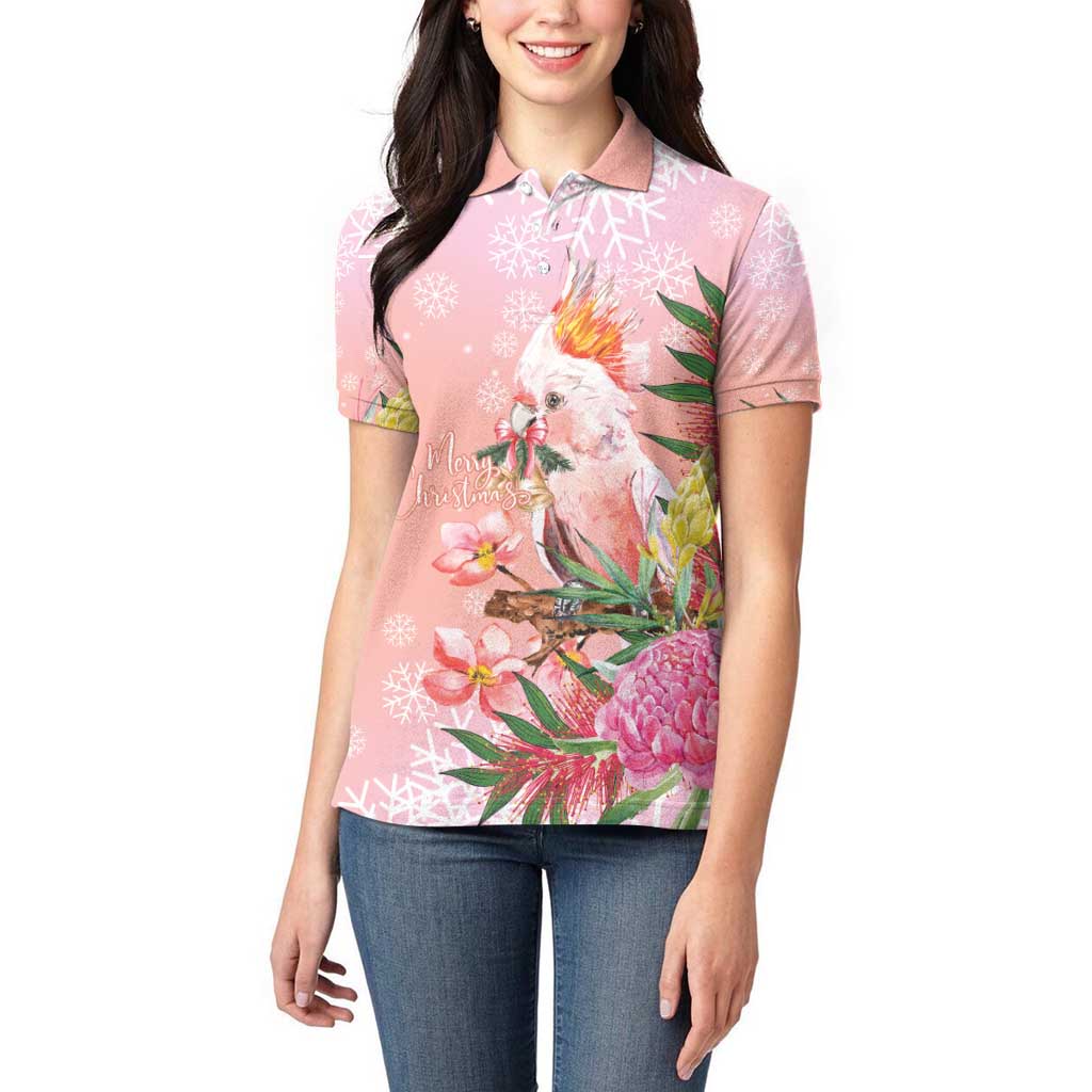 Australia Christmas Pink Cockatoo with Banksia Women Polo Shirt Coral Pink - Aussie Hoodie