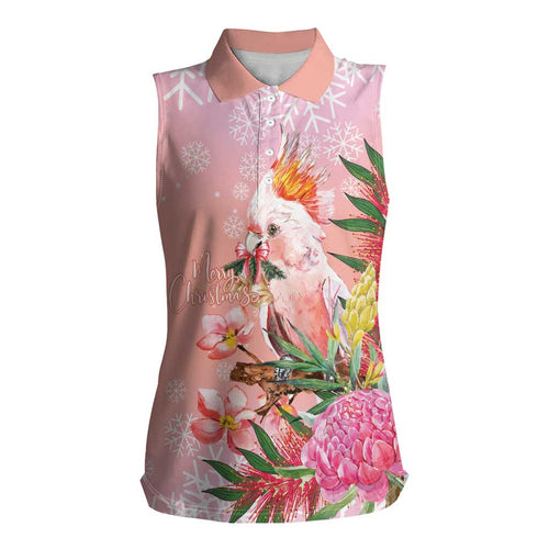 Australia Christmas Pink Cockatoo with Banksia Women Sleeveless Polo Shirt Coral Pink - Aussie Hoodie