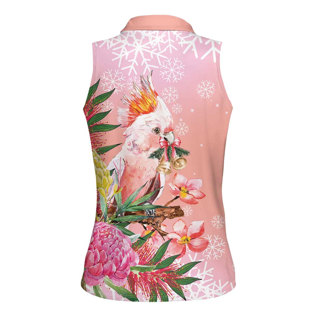 Australia Christmas Pink Cockatoo with Banksia Women Sleeveless Polo Shirt Coral Pink - Aussie Hoodie