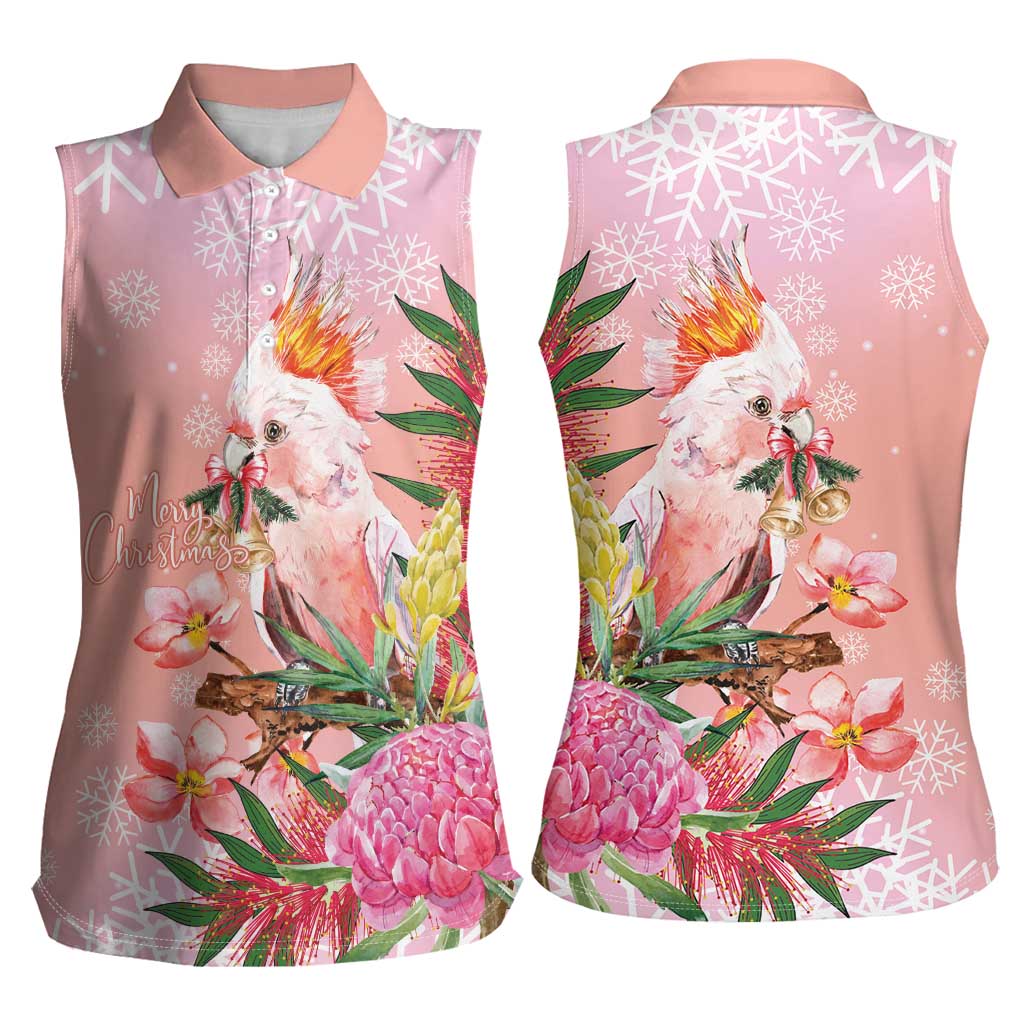 Australia Christmas Pink Cockatoo with Banksia Women Sleeveless Polo Shirt Coral Pink - Aussie Hoodie