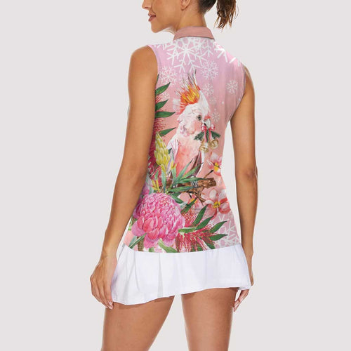 Australia Christmas Pink Cockatoo with Banksia Women Sleeveless Polo Shirt Coral Pink - Aussie Hoodie