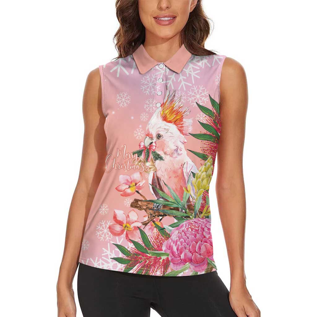 Australia Christmas Pink Cockatoo with Banksia Women Sleeveless Polo Shirt Coral Pink - Aussie Hoodie