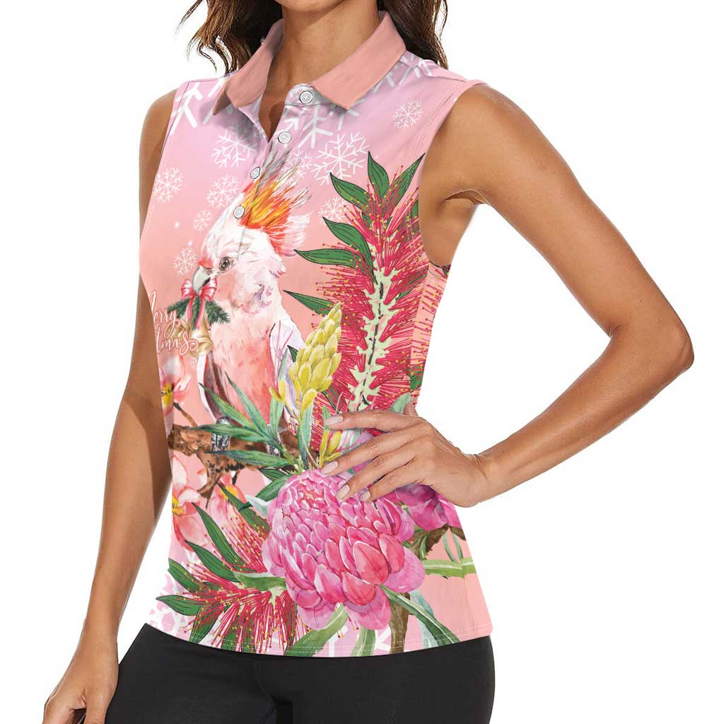 Australia Christmas Pink Cockatoo with Banksia Women Sleeveless Polo Shirt Coral Pink - Aussie Hoodie