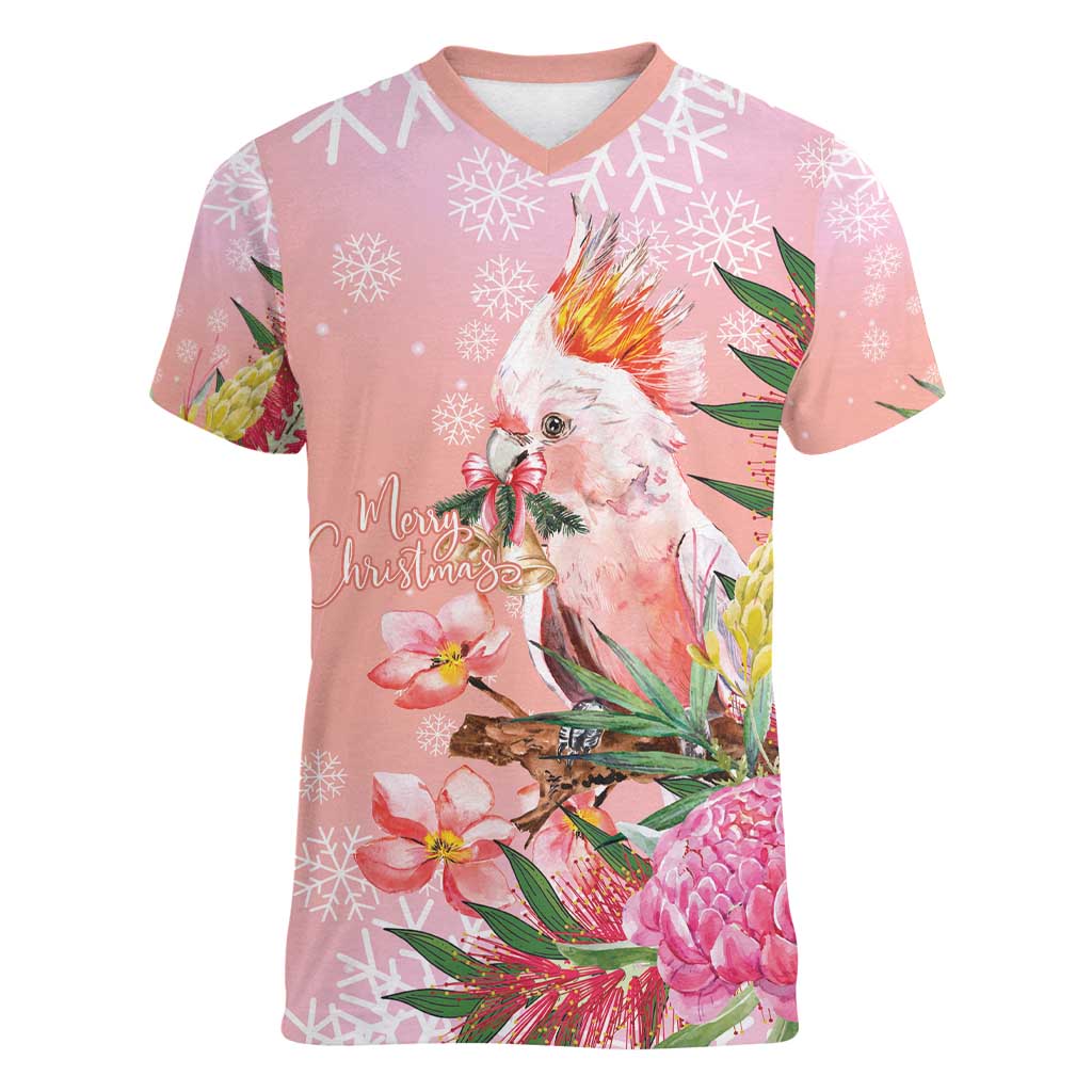Australia Christmas Pink Cockatoo with Banksia Women V-Neck T-Shirt Coral Pink - Aussie Hoodie