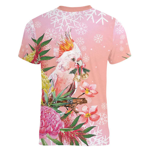 Australia Christmas Pink Cockatoo with Banksia Women V-Neck T-Shirt Coral Pink - Aussie Hoodie