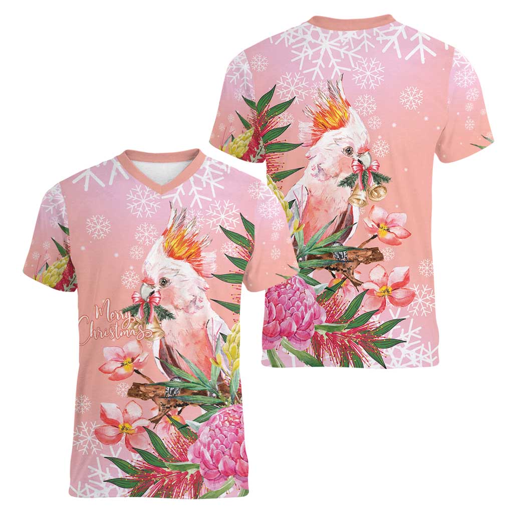 Australia Christmas Pink Cockatoo with Banksia Women V-Neck T-Shirt Coral Pink - Aussie Hoodie