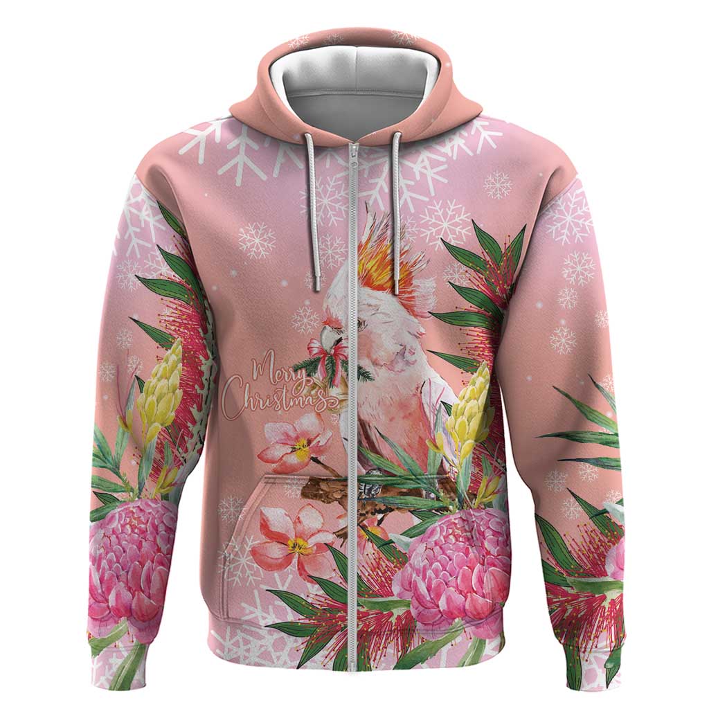 Australia Christmas Pink Cockatoo with Banksia Zip Hoodie Coral Pink - Aussie Hoodie