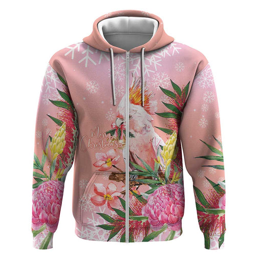 Australia Christmas Pink Cockatoo with Banksia Zip Hoodie Coral Pink - Aussie Hoodie