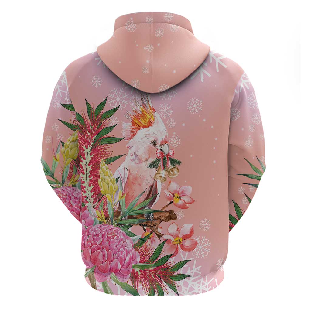 Australia Christmas Pink Cockatoo with Banksia Zip Hoodie Coral Pink - Aussie Hoodie