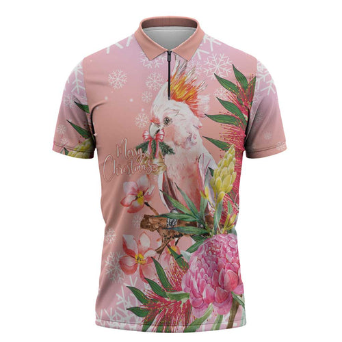 Australia Christmas Pink Cockatoo with Banksia Zipper Polo Shirt Coral Pink - Aussie Hoodie