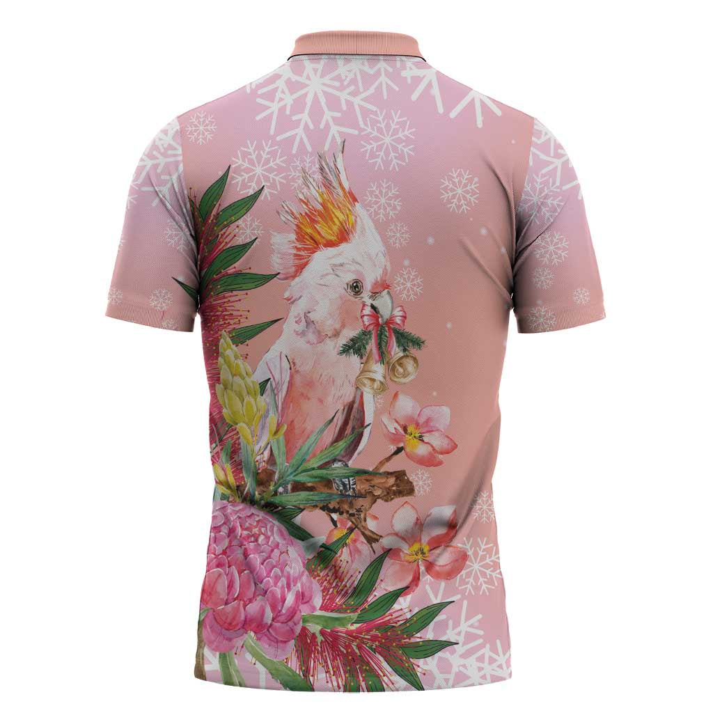 Australia Christmas Pink Cockatoo with Banksia Zipper Polo Shirt Coral Pink - Aussie Hoodie