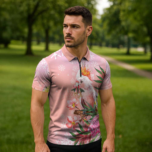 Australia Christmas Pink Cockatoo with Banksia Zipper Polo Shirt Coral Pink - Aussie Hoodie