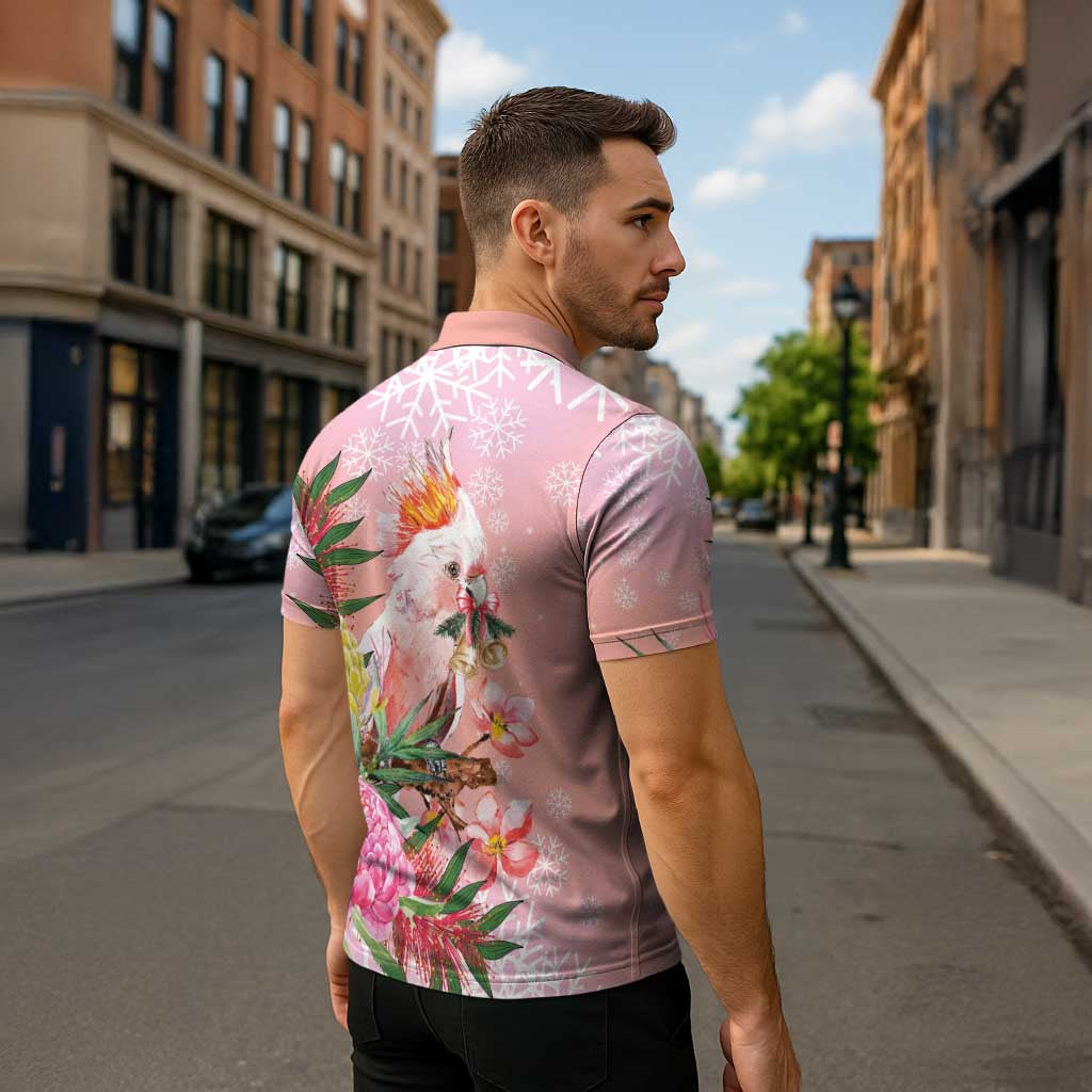 Australia Christmas Pink Cockatoo with Banksia Zipper Polo Shirt Coral Pink - Aussie Hoodie