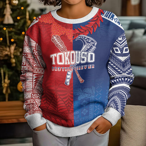 TokoUso Custom Tonga and Samoa Kid Ugly Christmas Sweater Warriors War Clubs