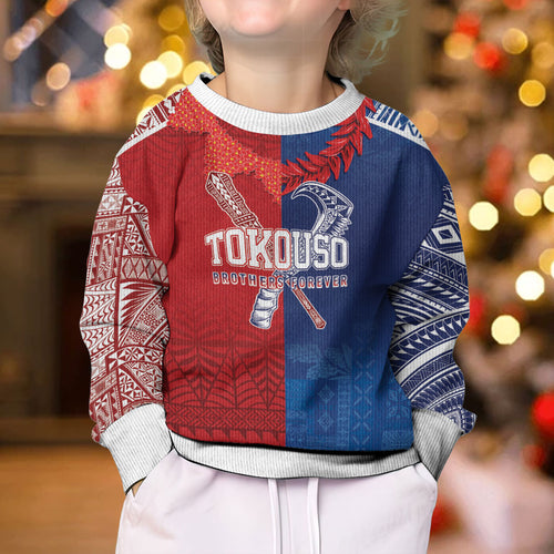 TokoUso Custom Tonga and Samoa Kid Ugly Christmas Sweater Warriors War Clubs