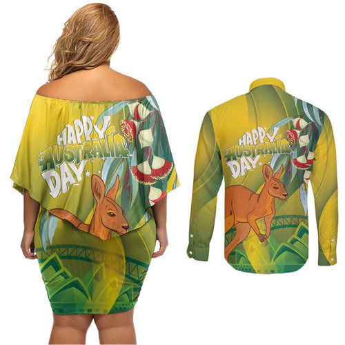 Australia Day Special Couples Matching Off Shoulder Short Dress and Long Sleeve Button Shirt - Aussie Hoodie