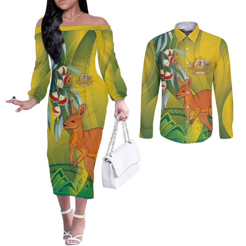 Australia Day Special Couples Matching Off The Shoulder Long Sleeve Dress and Long Sleeve Button Shirt - Aussie Hoodie