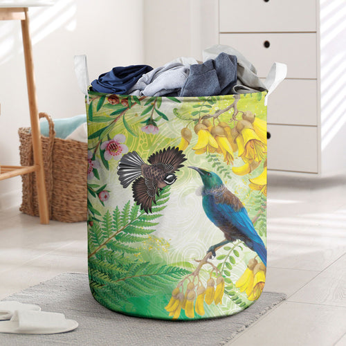 New Zealand Maori Mahuru Laundry Basket Tui With Pikawakawa Spring Colors
