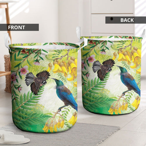 New Zealand Maori Mahuru Laundry Basket Tui With Pikawakawa Spring Colors
