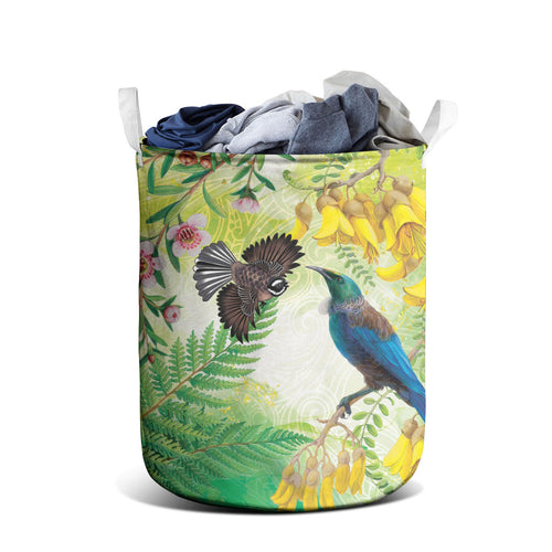 New Zealand Maori Mahuru Laundry Basket Tui With Pikawakawa Spring Colors