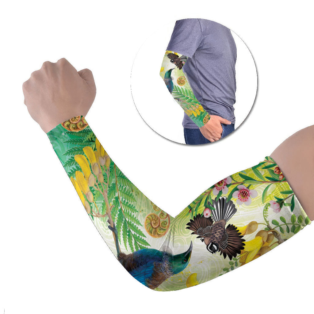 New Zealand Maori Mahuru Arm Sleeves Tui With Pikawakawa Spring Colors