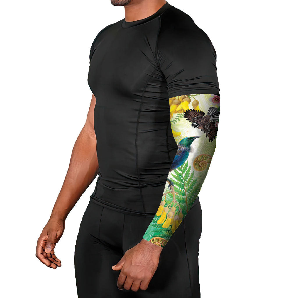 New Zealand Maori Mahuru Arm Sleeves Tui With Pikawakawa Spring Colors