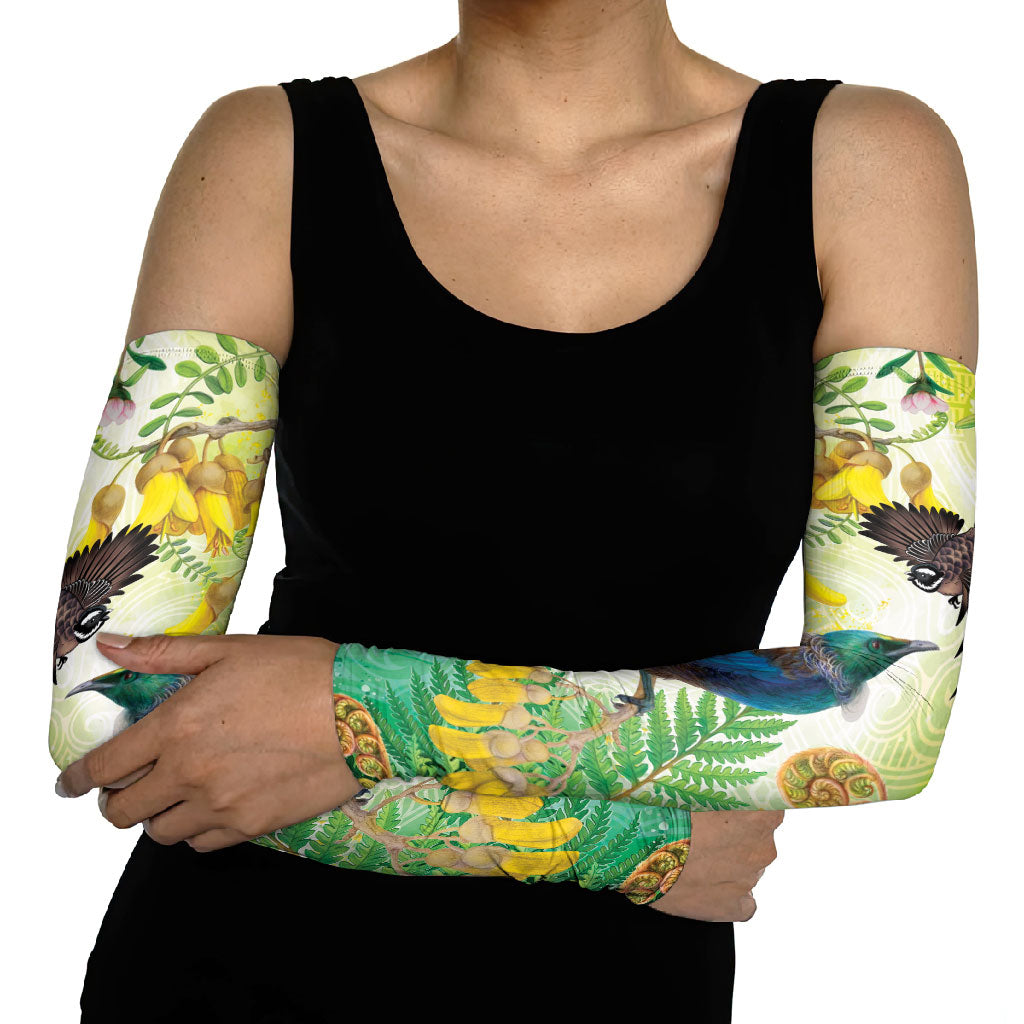 New Zealand Maori Mahuru Arm Sleeves Tui With Pikawakawa Spring Colors