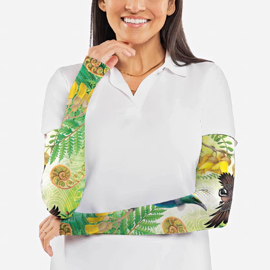 New Zealand Maori Mahuru Arm Sleeves Tui With Pikawakawa Spring Colors
