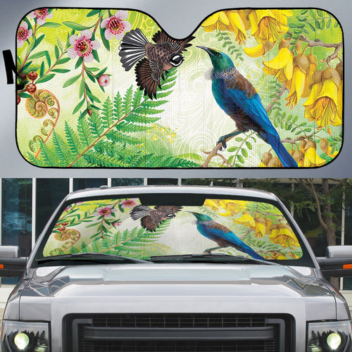 New Zealand Maori Mahuru Auto Sun Shade Tui With Pikawakawa Spring Colors