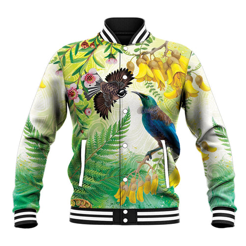 New Zealand Maori Mahuru Baseball Jacket Tui With Pikawakawa Spring Colors