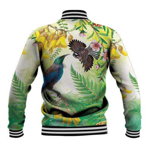 New Zealand Maori Mahuru Baseball Jacket Tui With Pikawakawa Spring Colors
