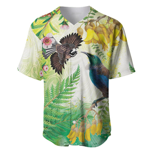 New Zealand Maori Mahuru Baseball Jersey Tui With Pikawakawa Spring Colors