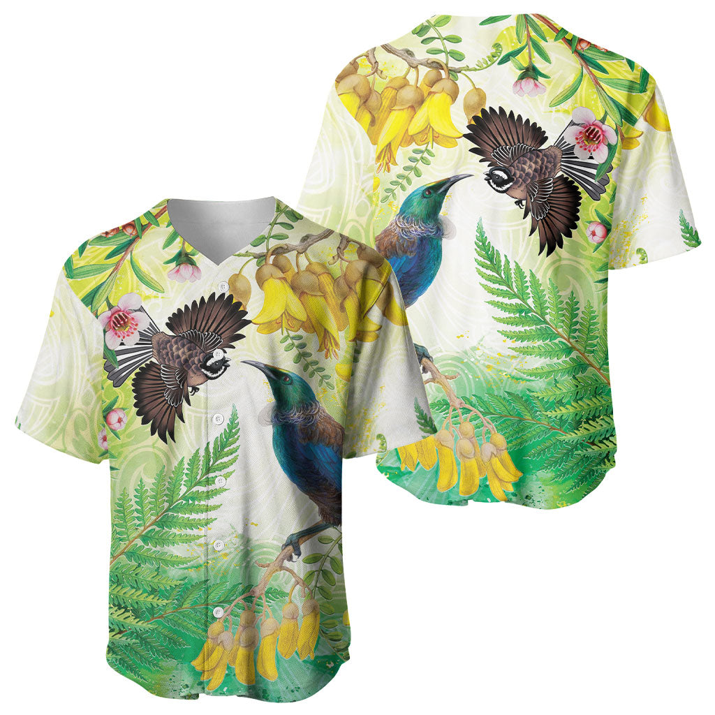 New Zealand Maori Mahuru Baseball Jersey Tui With Pikawakawa Spring Colors
