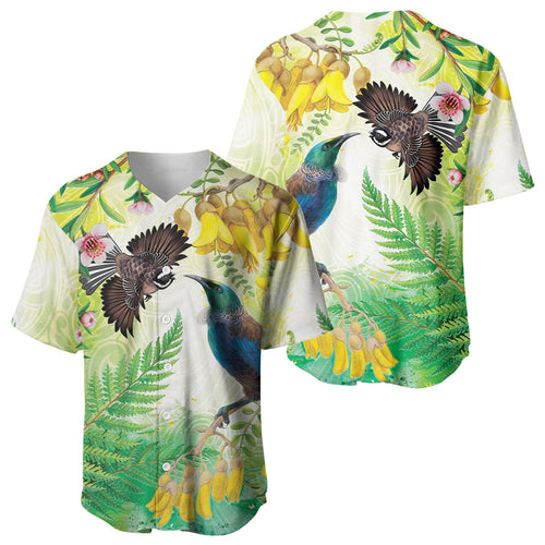 New Zealand Maori Mahuru Baseball Jersey Tui With Pikawakawa Spring Colors